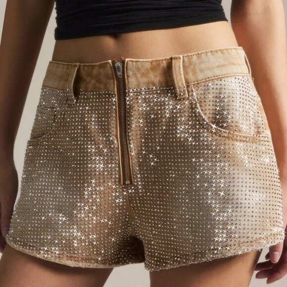 Tan Boho WEstern Casual Women's Distressed Rhinestone detailed Denim Shorts